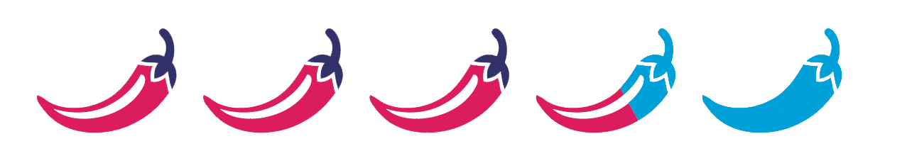Spicy-Faktor: drei pinke, eine teilweise pinke und blaue sowie eine blaue Chilischote